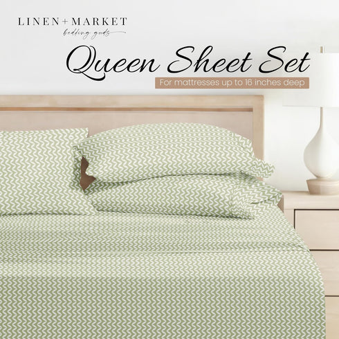 Linen Market Double-Brushed Microfiber Queen Sheet Set - 4 Piece, Oeko-TEX Certified, Puffed Chevron Sage