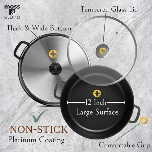 Moss & Stone 12 Inch Large Skillet With Lid, 5 Quart Saute Pan With Lid, Dishwasher & Oven Safe Skillet, Double Handled Nonstick Deep Frying Pan With Non Toxic Stone Coating, PFOA Free Everyday Pan