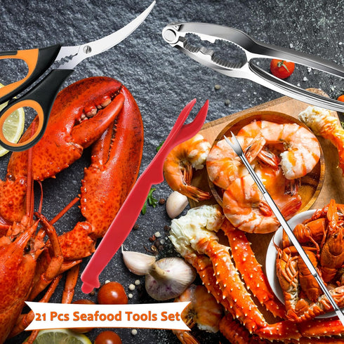 Seafood Crab Crackers and Tools - 21 Pcs Set with Crab Leg Crackers, Lobster Shellers, Seafood Scissors