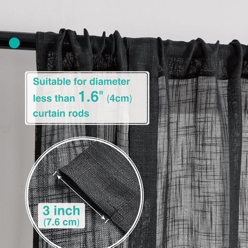 Home Queen Linen Look Tie Up Valance Curtain, Semi Sheer Balloon Valence for Living Room and Bedroom, Black