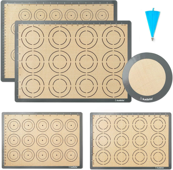 Katbite Silicone Baking Mat Set of 5, Food Grade Non-stick Reusable Bakeware Mats for Cookie, Macaron, Pizza