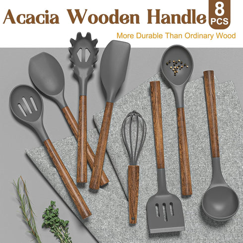 Umite Chef Silicone Cooking Utensil Set, 8-Piece Kitchen Gadgets with Acacia Wooden Handles, Grey