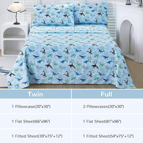 4 Set Sets Viviland Pieces Boys Blue Ocean Full Sheet - Soft Microfiber Fitted Flat Sheets & Pillowcases - Blue Ocean