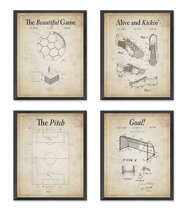 Vintage Soccer Futbol Football Wall Patent Art Prints - Set of 4 Unframed Decor, 8x10 Inches