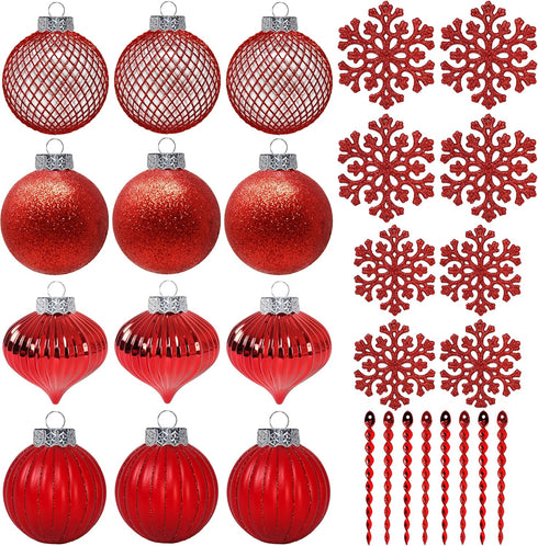 SLEETLY 28pk Red Ornaments for Christmas Tree, Shatterproof Plastic Balls, Icicles and Snowflakes