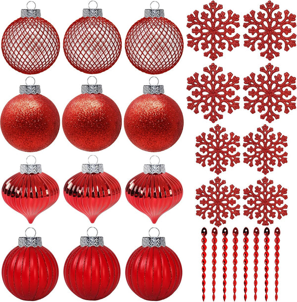 SLEETLY 28pk Red Ornaments for Christmas Tree, Shatterproof Plastic Balls, Icicles and Snowflakes