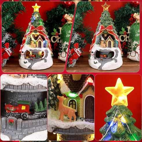 ZPCO Musical Christmas Village with Spinning Train Deer - Pre-Lit Artificial Christmas Tree - Battery & USB