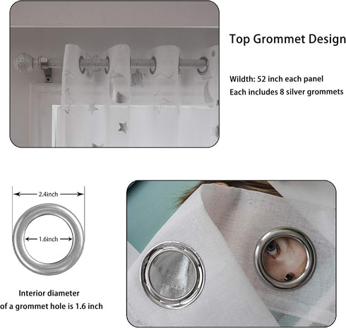 Grommet 84 Inch Set 2 Twinkle Moon Curtains Sheer Silver for Baby Nursey Room - Star and Moon Lace Curtains for Living