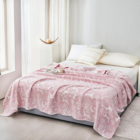 MEJU 100% 3 80 90 Modern Big Flower Rose Pink Muslin All Season Blanket for Bed Sofa Couch Combed Cotton Layer Soft