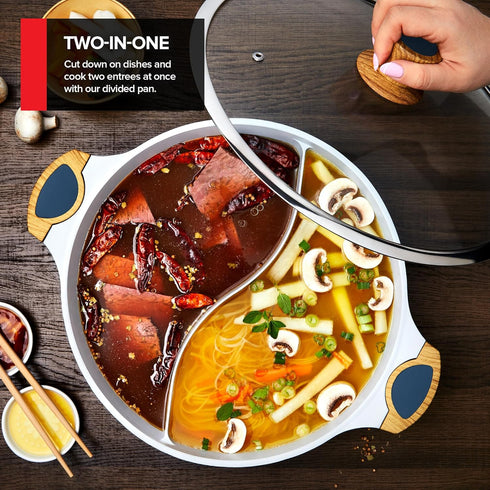 Nonstick Hot Pot with Divider, Blue Shabu Shabu Pot with Silicone Spoons for Cooking Two Broths, Induction or Gas Stove