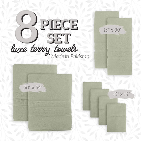8 Set 100% GREEN LIFESTYLE Luxury Piece Cotton Towel - Soft Absorbent Bath Towels, Hand Towels & Washcloths
