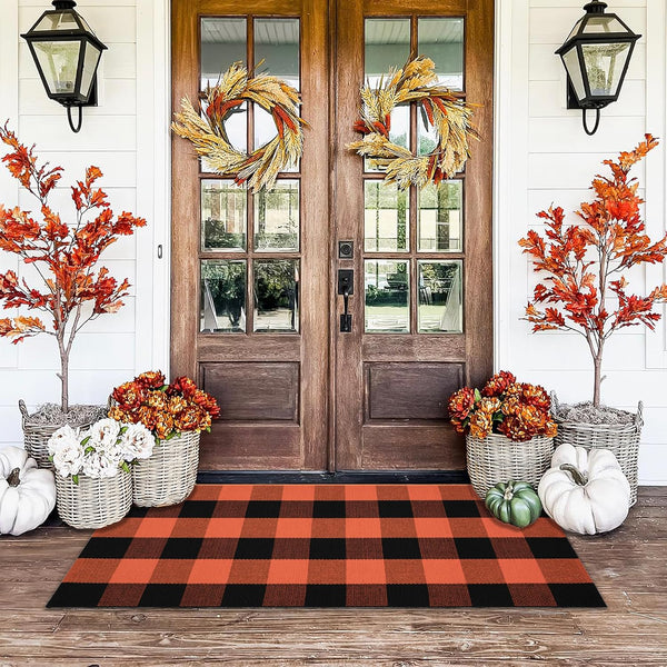 Orange and Black Plaid Rug, 24'' x 51'' Fall Outdoor Front Door