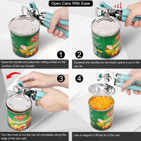 Manual Can Opener: Heavy Duty Stainless Steel Safe Cut with Magnetic Lifter, Smooth Edge, Easy Big Turn Knob, Aqua Sky