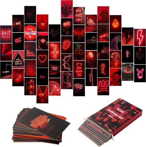 50PCS Red Neon Aesthetic Pictures Wall Collage Kit, Neon Red Photos Collections for Dorm Decors (Trendy Wall Prints)