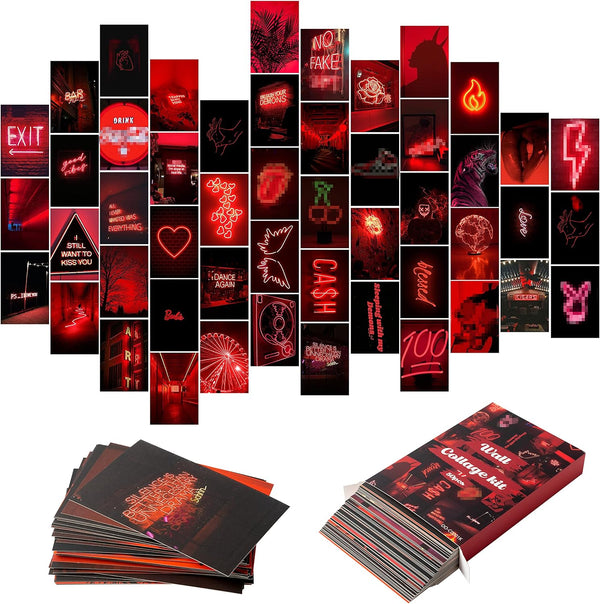 50PCS Red Neon Aesthetic Pictures Wall Collage Kit, Neon Red Photos Collections for Dorm Decors (Trendy Wall Prints)