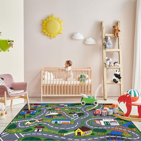 3'3" 4'7" Ottomanson x Kids Road Map Rug - Interactive City Traffic Play Mat for Toy Cars - Perfect for Playroom