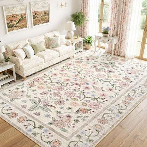 5x7 Maxsoft Large Area Rugs for Living Room Bedroom, Washable Floral Area Rugs, Non-Slip and Stain Resistant Soft Throw