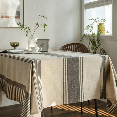 ArtBud 55" 102" (8-10 Burlap Cotton Linen Table Clothes Farmhouse Tablecloth Striped Picnic Table Cover Heavy Fabric
