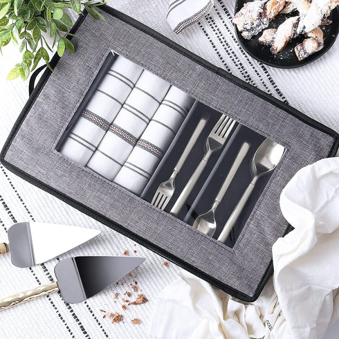 Durable Silverware Storage Box - 5 Compartment Flatware Case with Padded Dividers, Handles, Removable Lid