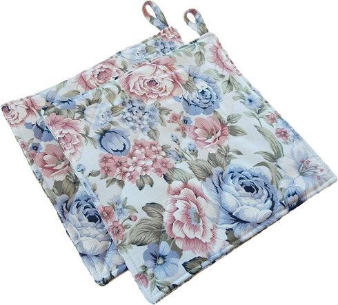 CUSHYSTORE Canvas Pot Holder Oven Pads, Potholders for Cooking Kitchen, 7.75", 2 Packs (Blue Rose Garden)