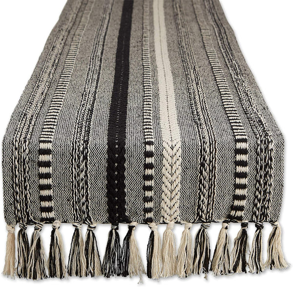 DII Farmhouse Braided Stripe Table Runner Collection, 15x72 (15x77, Fringe Included), Black