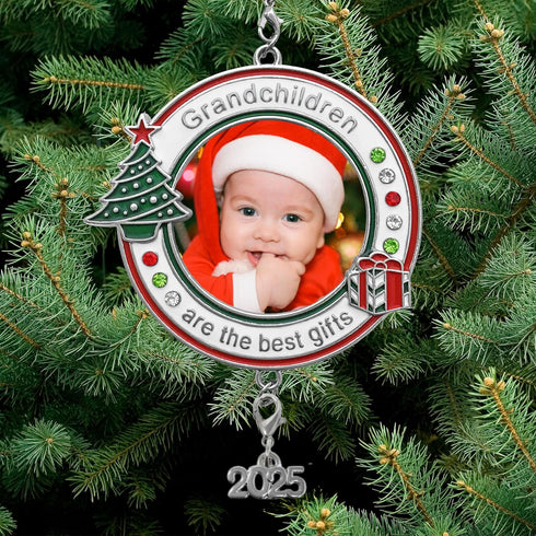 Grandchildren Photo Christmas Ornament - Dated 2025 Charm - Red White Green Enameled Jeweled Accents for Grandparents