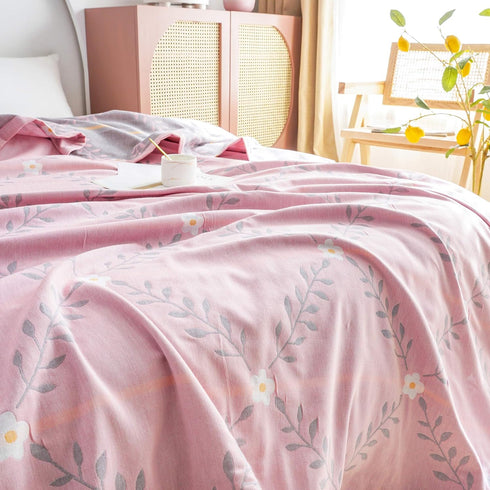 MEJU Summer 100% 2 60 80 Flower Muslin Lightweight Blanket for Bed Sofa Couch, Combed Cotton Layer Soft Warm Quick Dry