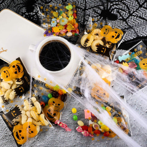 Boao 100 Pieces Clear Halloween Treat Bags, Self Adhesive Candy Bags Bulk Pumpkin Cellophane Plastic Cookie Pouch for