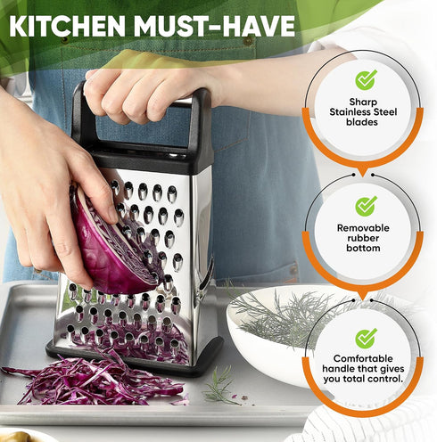 Spring Chef Professional Cheese Grater, XL Size, 4 Sides, Stainless Steel, Dishwasher Safe, Black