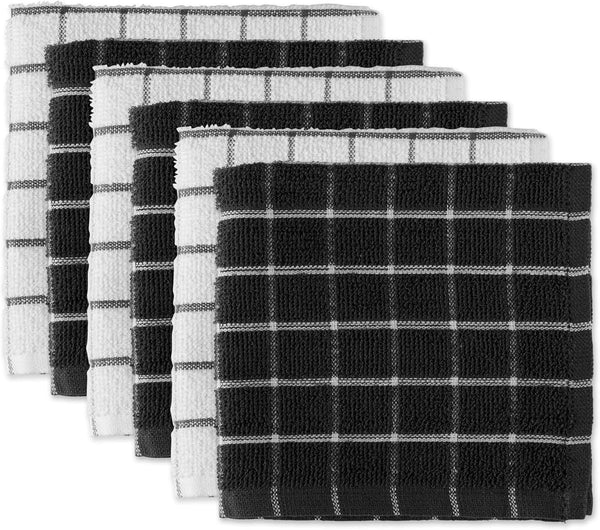 DII Basic Terry Collection Windowpane Dishcloth Set, Black, 12x12, 6 Piece
