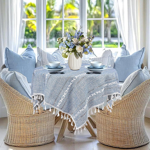 36''x36'', Summer Small Blue Square Tablecloth Spring Dusty Blue and White Linen Coffee Table Cover, Boho Nightstand
