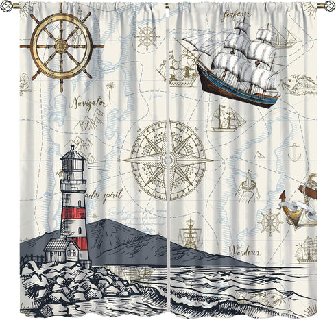 Nautical Curtains, Vintage Map Lighthouse Sailboat Anchor Starfish Boat Anchor Sea Animal