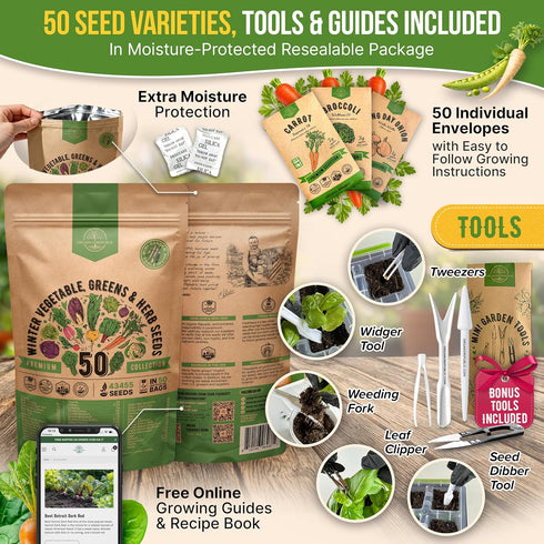 50 Pack 43,450+ Winter Vegetable Garden Seeds Variety - Non-GMO Heirloom Seeds for Outdoors & Indoor Home Gardening