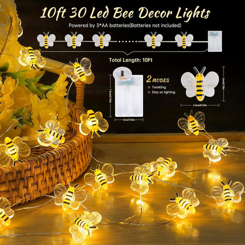 Asrnten Lights,10ft 30 oopswow Bee Decor LED Cute Honeybee String Lights Battery Powered,Bee Fairy Lights