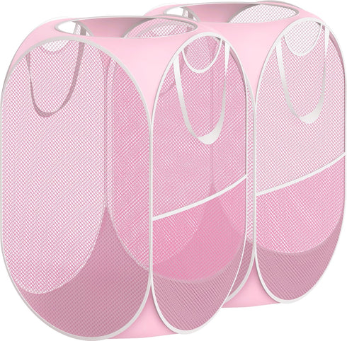 Simple Houseware Mesh Pop-Up Laundry Hamper Basket with Side Pocket, Pink - 2 Pack