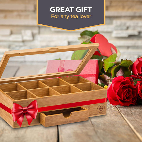 8 Set Bambuesi Tea Box Organizer with Drawer - Compartment Bamboo Wooden Tea Storage Chest with Acrylic Window