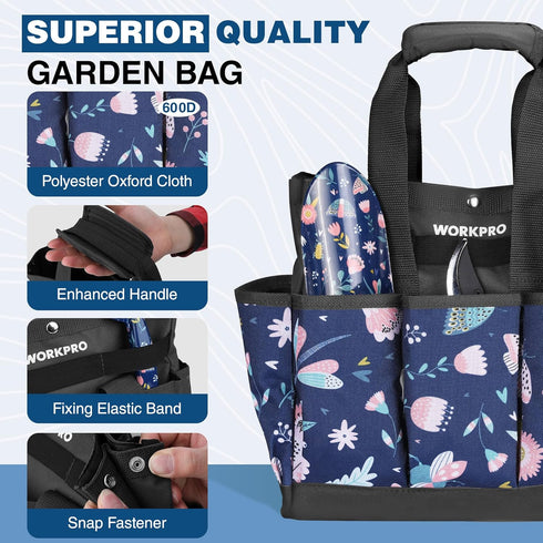 WORKPRO 5PCS Garden Tool Set, Heavy Duty Aluminum Tools with Garden Tool Bag, Blue Insect and Flower