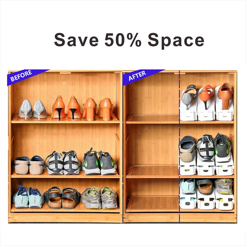 12PCS 50% Shoe Slots Organizer, Adjustable Double Layer Stack Shoe Rack, Space-Saving Storage Rack Holder, White