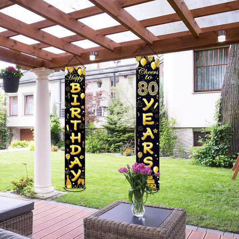 80th Birthday Party Banner Decorations for Women Men, Black Gold Cheers to 80 Years Birthday Supplies