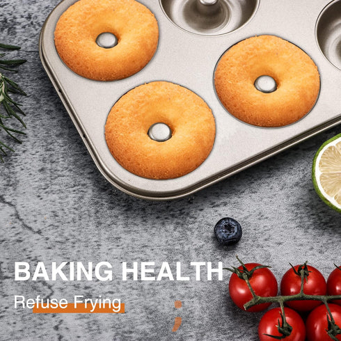 HONGBAKE Nonstick Donut Pans for Baking, 2-Pack 6 Cavity Upgraded Deepened Doughnut Tray for Oven - Bronze Gold
