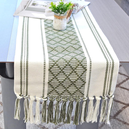 14 90 Inches, Boho Dining Table Runner with Tassels x Olive Green & Cream | Woven Washable Dresser Scarf for Bedroom |