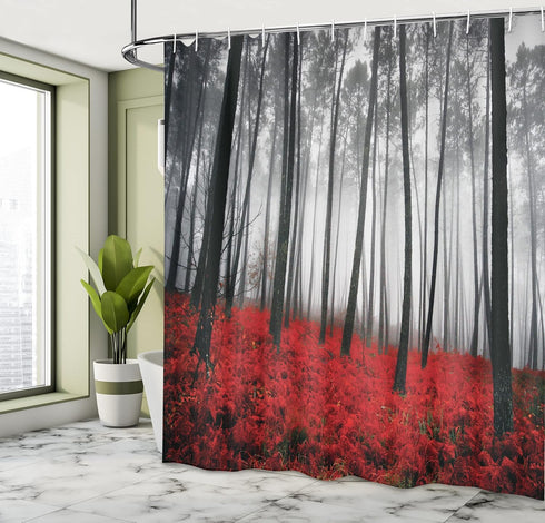 Ambesonne Forest Shower Curtain, Mystical Woodland Fog Trees Art Photography, 69" W x 70" L, Red Grey.