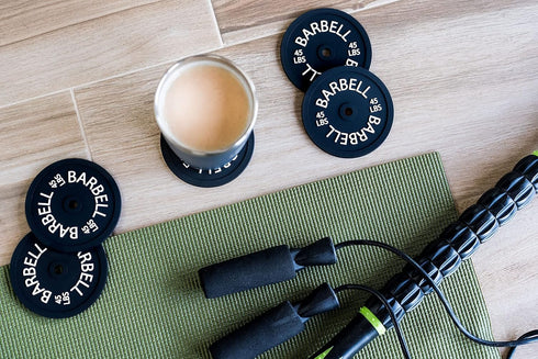 Barbell Bumper Plate Drink Coasters Set of 6, Round Black Silicone Coasters for Drinks, Gym Gifts