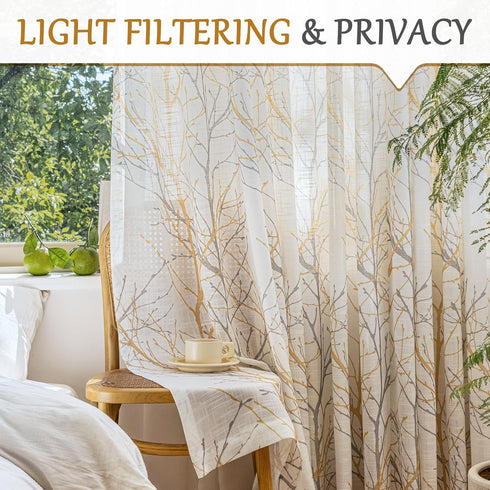 FMFUNCTEX Linen Semi Sheer Curtains for Bedroom, 84 Inches Long Yellow White Drapes with Grey Tree Branch Print