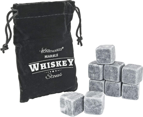 Marble Whiskey Stones - Natural Reusable Chilling Rocks for Whiskey & Bourbon, Silver Finish