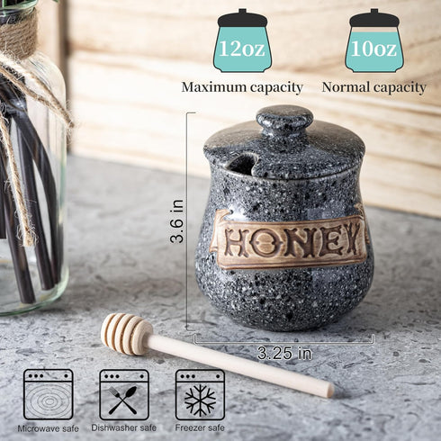 12oz Honey Jar, Honey Pot, Honey Dispenser Grey Ceramic Honey Jar with Wood Dipper & Lid Multi-Use for Fruit Syrup/Jam