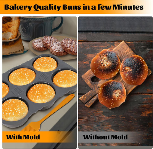Hamburger Bun Pan Non-Stick Silicone Baking Mold, Perfect for Baking Fresh, Homemade Burger Buns - Oven-Safe 4-in Cups, Perforated 6-Cavity - Dishwasher Safe - Includes Basting Brush by AKS Co