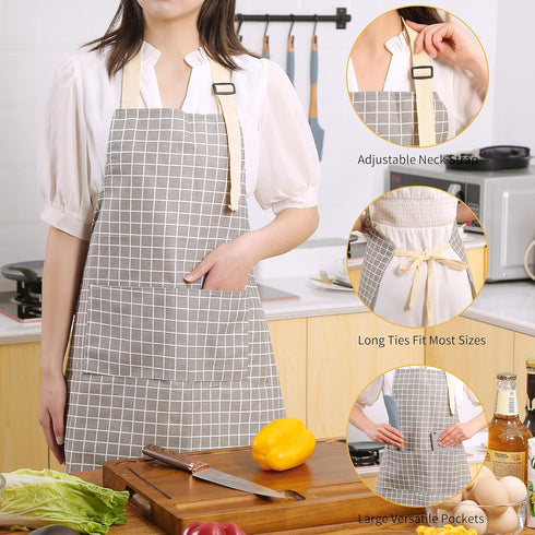 Tosewever 2 Pieces Kitchen Cooking Aprons, Waterproof Linen Adjustable Bib Aprons with 2 Pockets for Women Men Chef