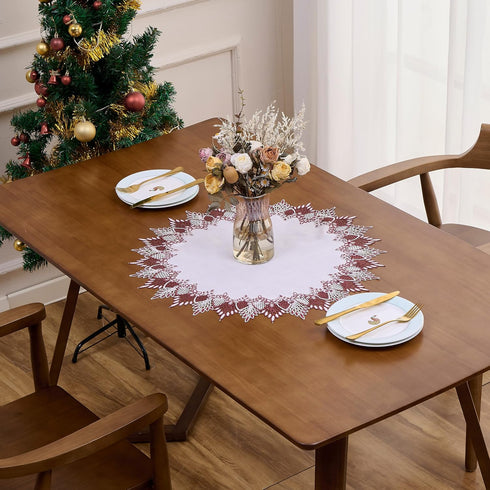 24 inches 24 White Dark Red Linen Lace Doily Round Coffee Table Topper Dresser Scarf Place Mats (Dark Red, Round)