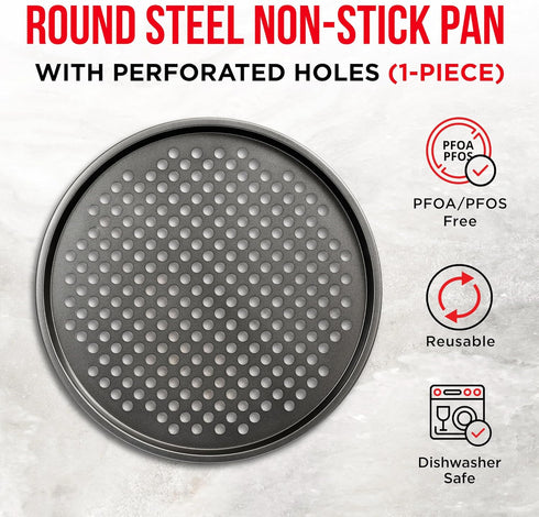 Non-Stick Pizza Pan with Holes - 13-Inch Perforated Pizza Crisper Carbon Steel Pizza Pan - 1 Round Pizza Trays PFOA PFOS and PTFE Free by BAKKENMASTER